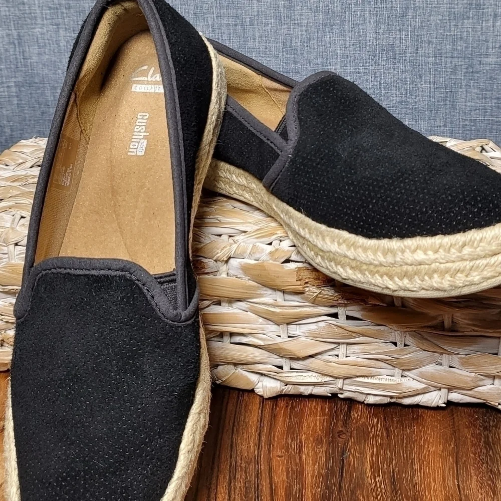 Espadrille Slip-On Breathable Suede Cushion Clark's Azella Black Women's 7.5
